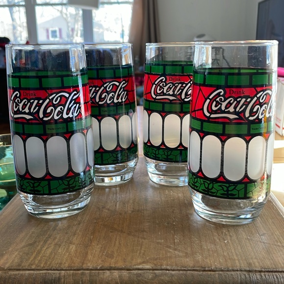 Coca Cola Dining 4 Cocacola Glasses 6 Tall Frosted Stain Glass Look Preowned Poshmark